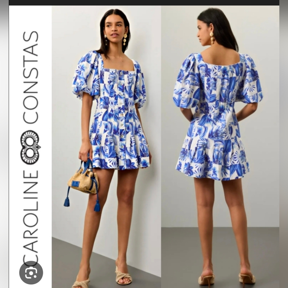 Women's Caroline Constas Mini Dress Size 6 White & Blue Print Puff Sleeve NWT